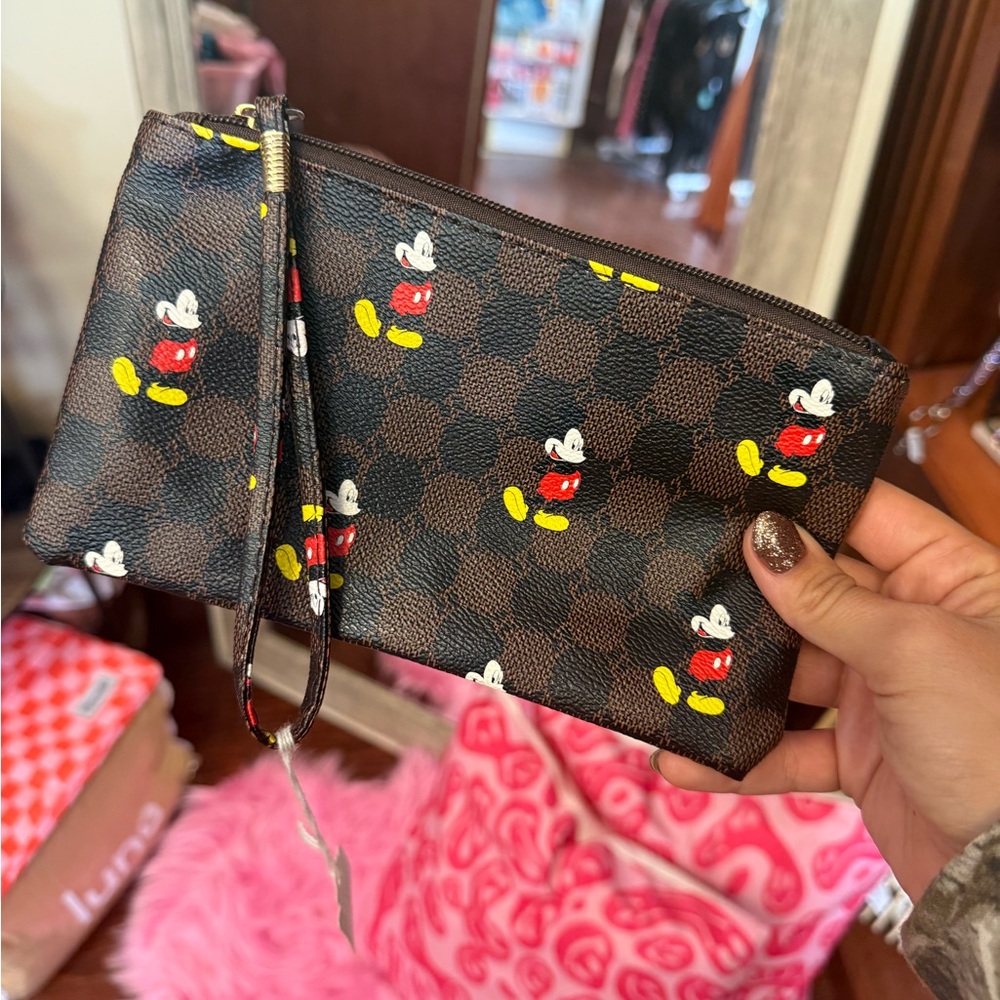 Brown Checkered Mickey Mouse Wristlet